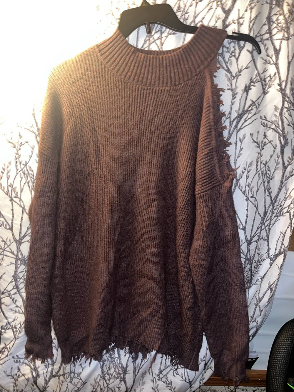 Maurices Brown Distressed Cold-Shoulder Knit Sweater